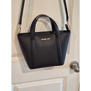 Michael Kors Black Saffiano Leather Crossbody Bag Gold Hardware Trapeze Tote